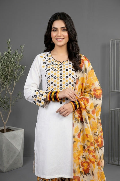 Elegant White Cotton 3-Piece Mirror Embroidered Suit – Premium Stitched Dress for Women