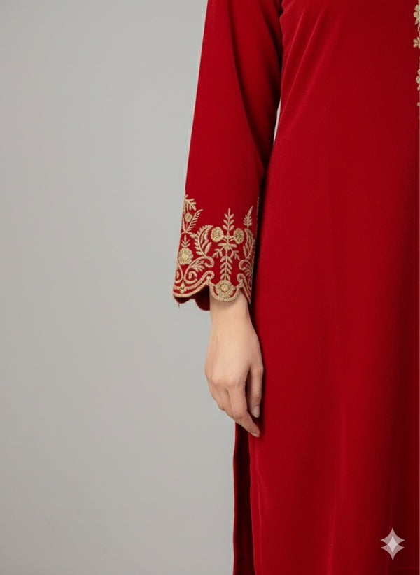 Luxury Red Velvet Embroidered 2-Piece Suit – Elegance Refined for Your Winter Festive Moments