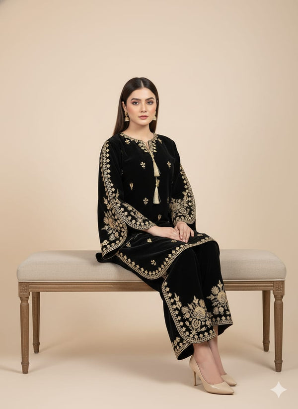 New Stunning bell-bottom styleWinter Stitched Velvet Embroidered 2-Piece Suits