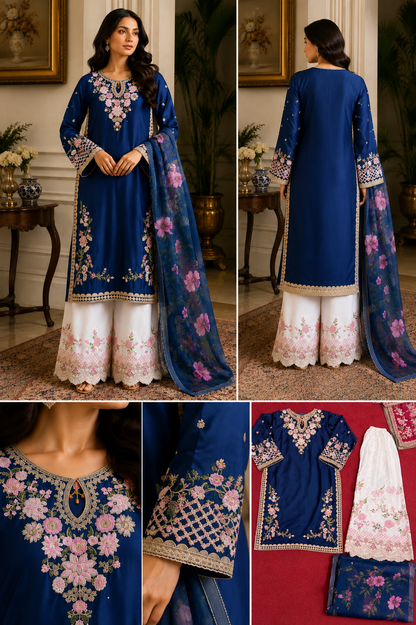 Women’s Silk Embroidered 3-Piece Suit | Floral Embroidery with White Plazzo & Dupatta