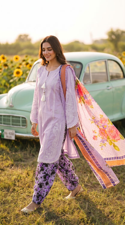 🌸 Elegant Floral 3-Piece Stitched Dress – Pastel Purple