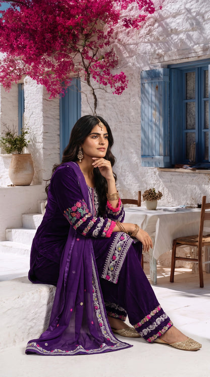 Royal Purple Embroidered Velvet 3-Piece Stitched Suit🔥