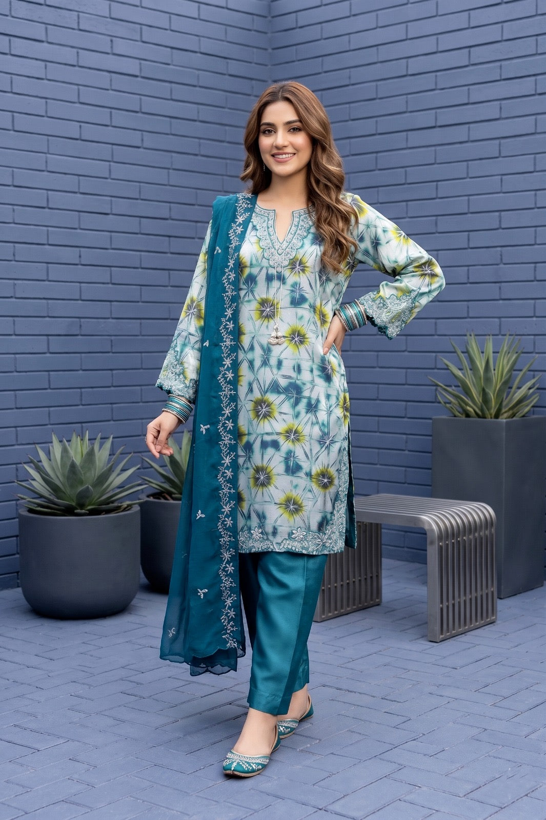 Fancy stitched Printed Shesha Silk with chiffon embroidered dupatta