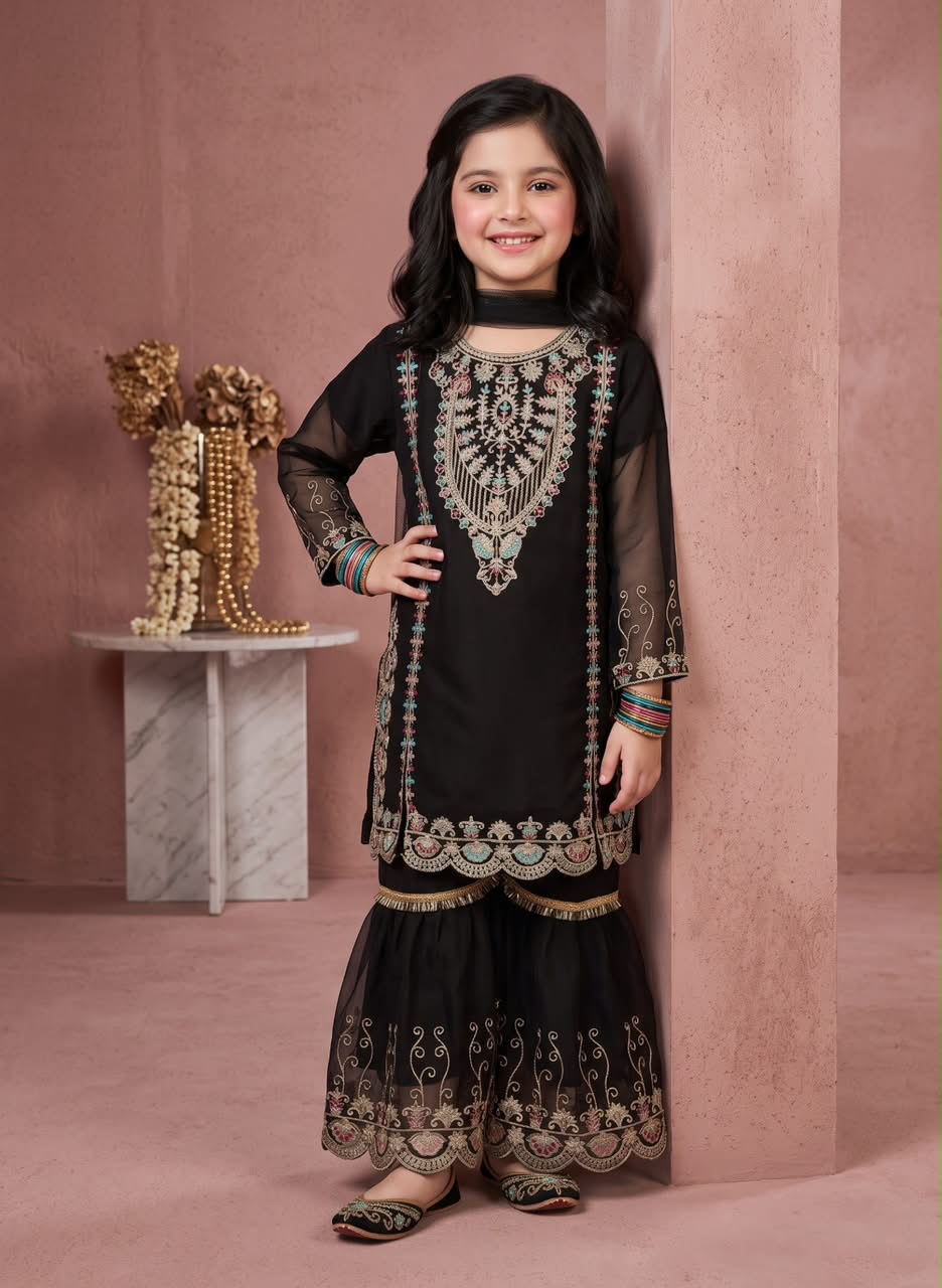 Girl’s Multi-Embroidered chiffon Sharara 3-Pcs Suit