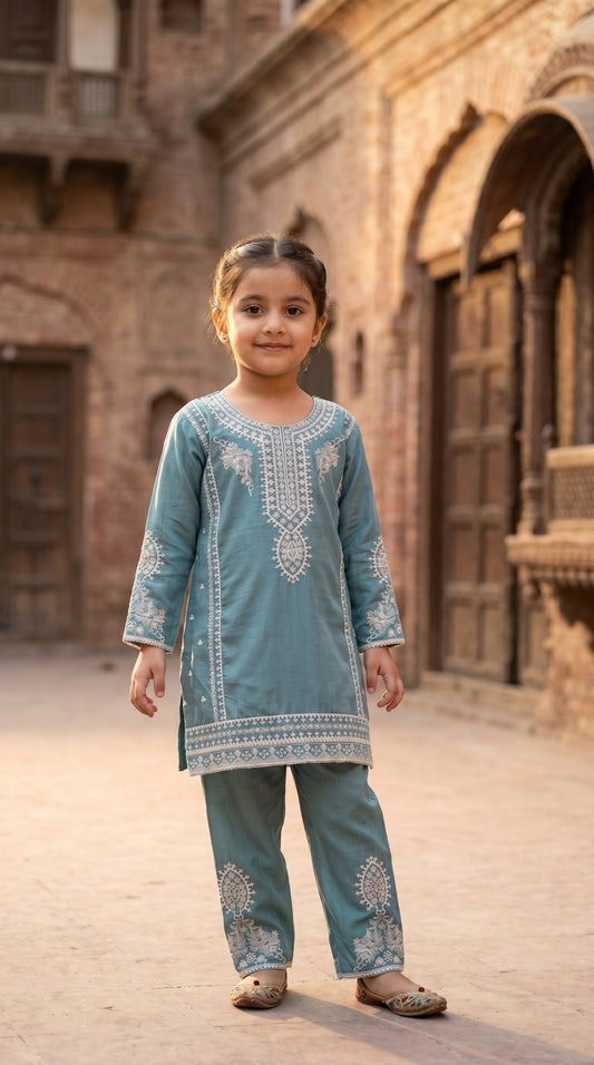Pehnavaa Girls' Heavy Embroidered Cotton 2-Piece Suite – Boutique Style Festive Palazzo Set