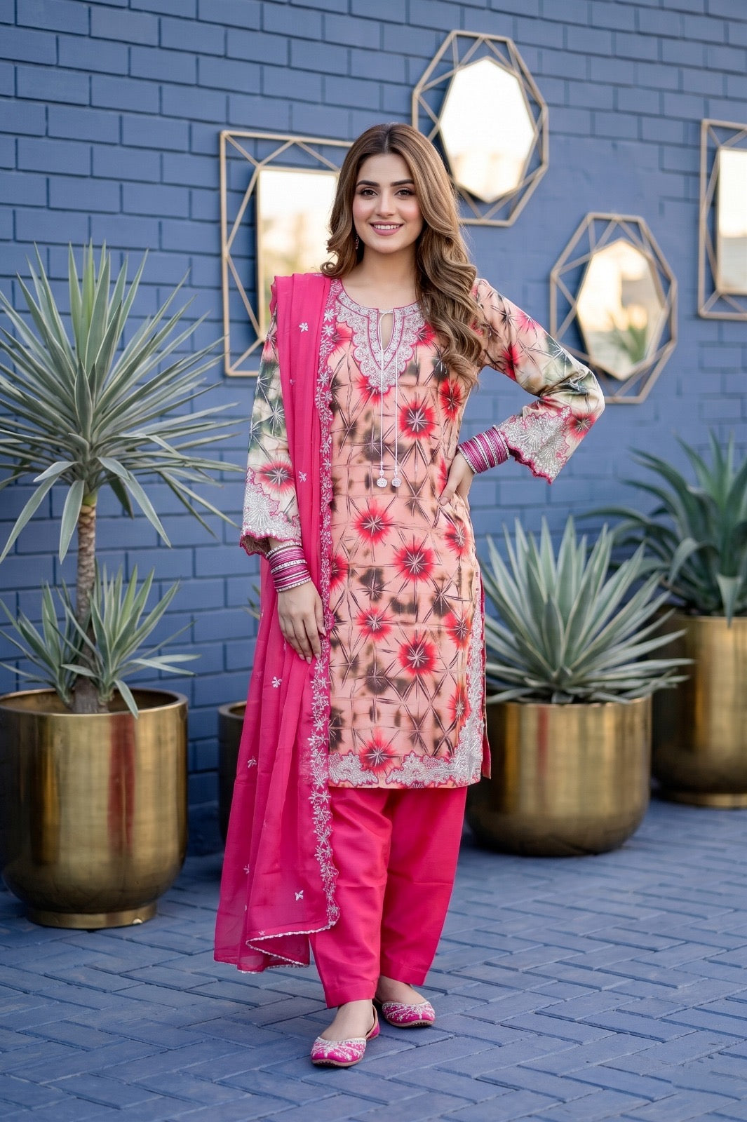 Fancy stitched Printed Shesha Silk with chiffon embroidered dupatta