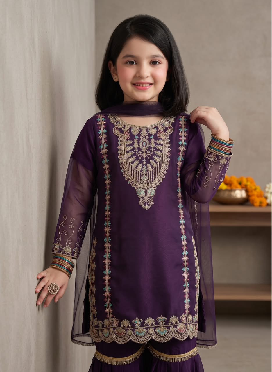 Girl’s Multi-Embroidered chiffon Sharara 3-Pcs Suit