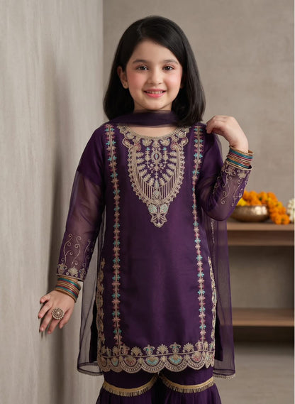 Girl’s Multi-Embroidered chiffon Sharara 3-Pcs Suit