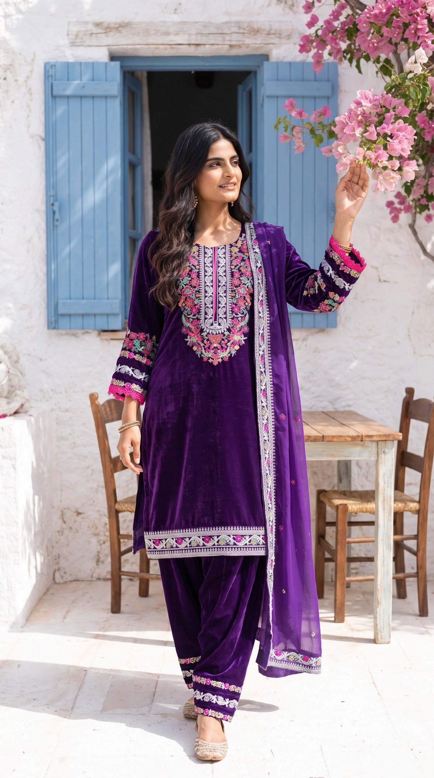 Royal Purple Embroidered Velvet 3-Piece Stitched Suit🔥