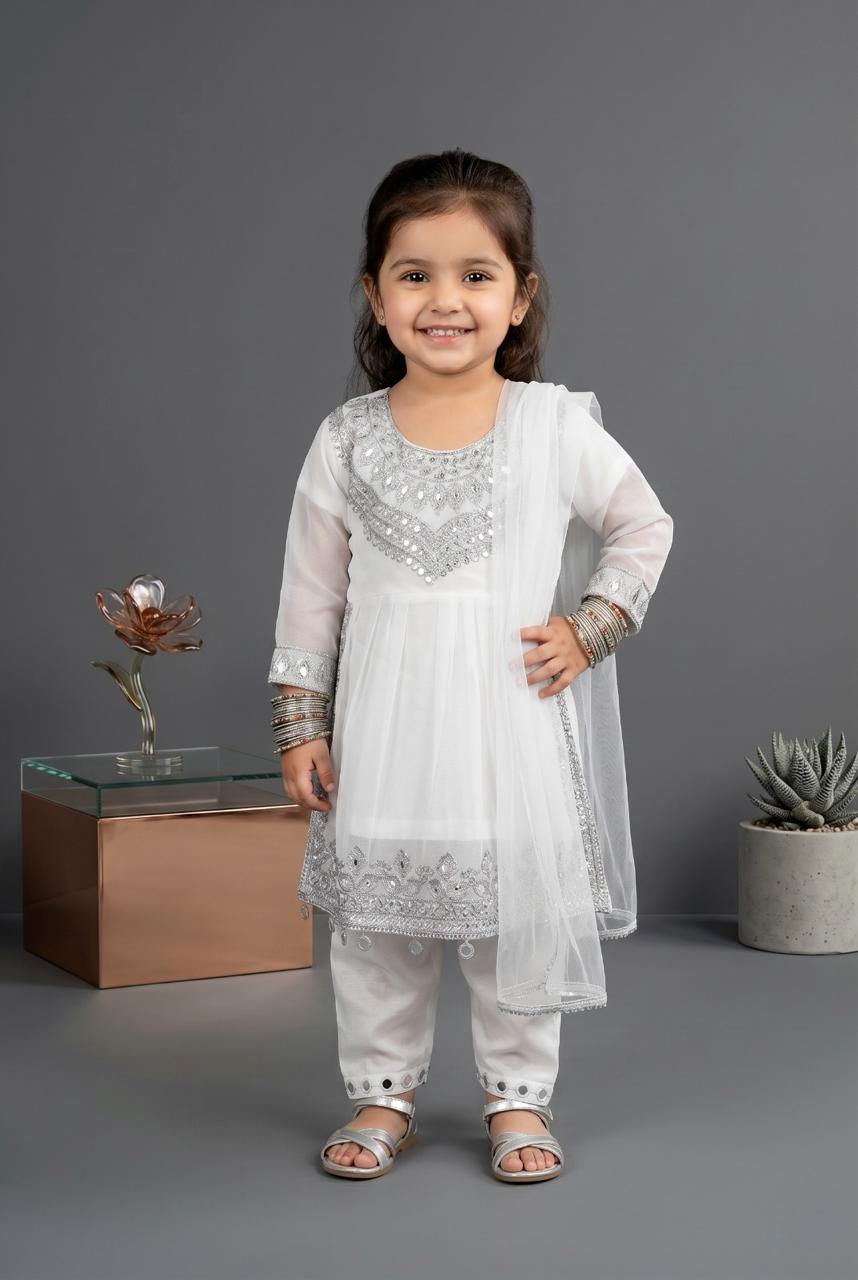 Kids Chiffon silver Embriodery Style Suit