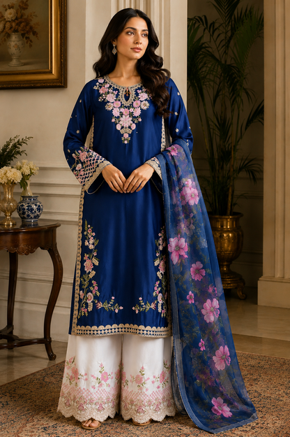 Women’s Silk Embroidered 3-Piece Suit | Floral Embroidery with White Plazzo & Dupatta