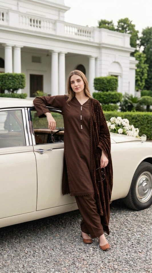 Winter Dhanak suit with Palachi velvet shawl 3-Pcs