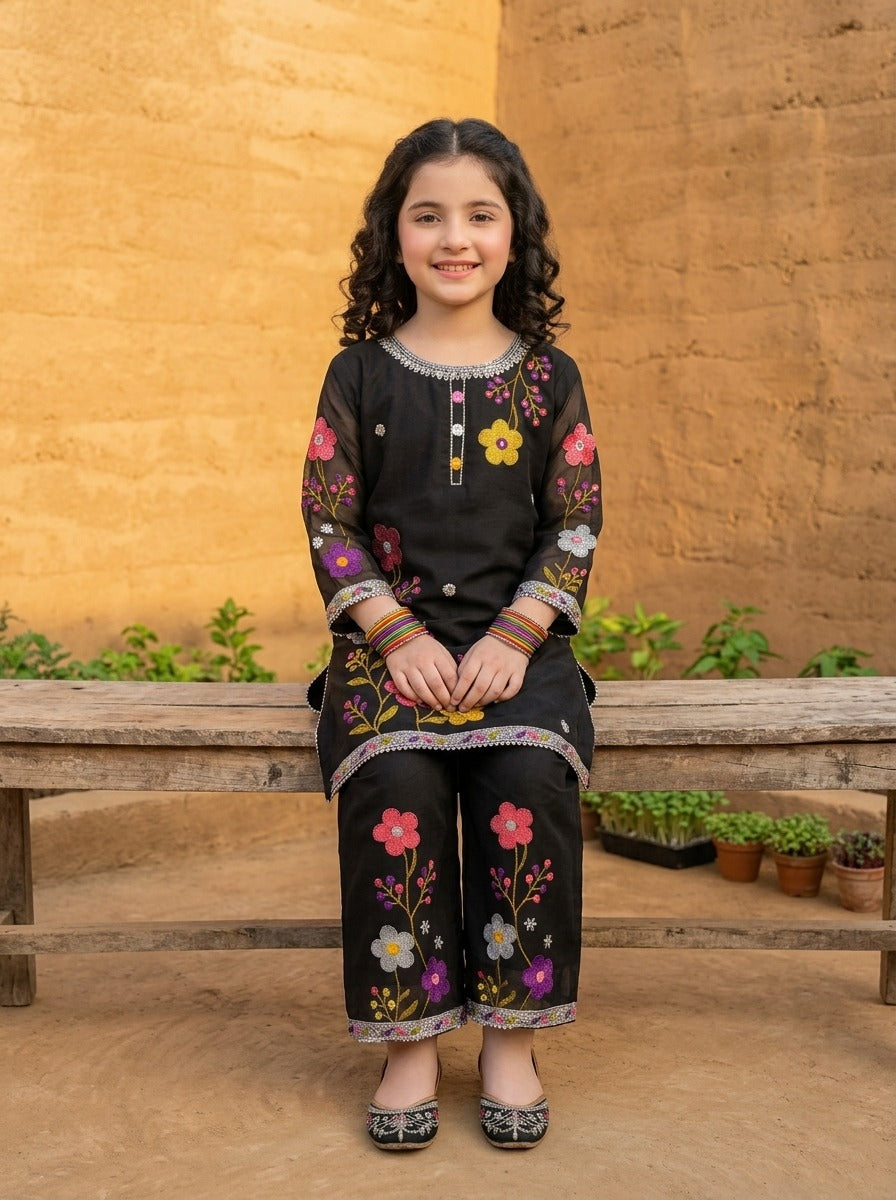 Fancy Chiffon Embroidered girls 3-Pcs  Suit
