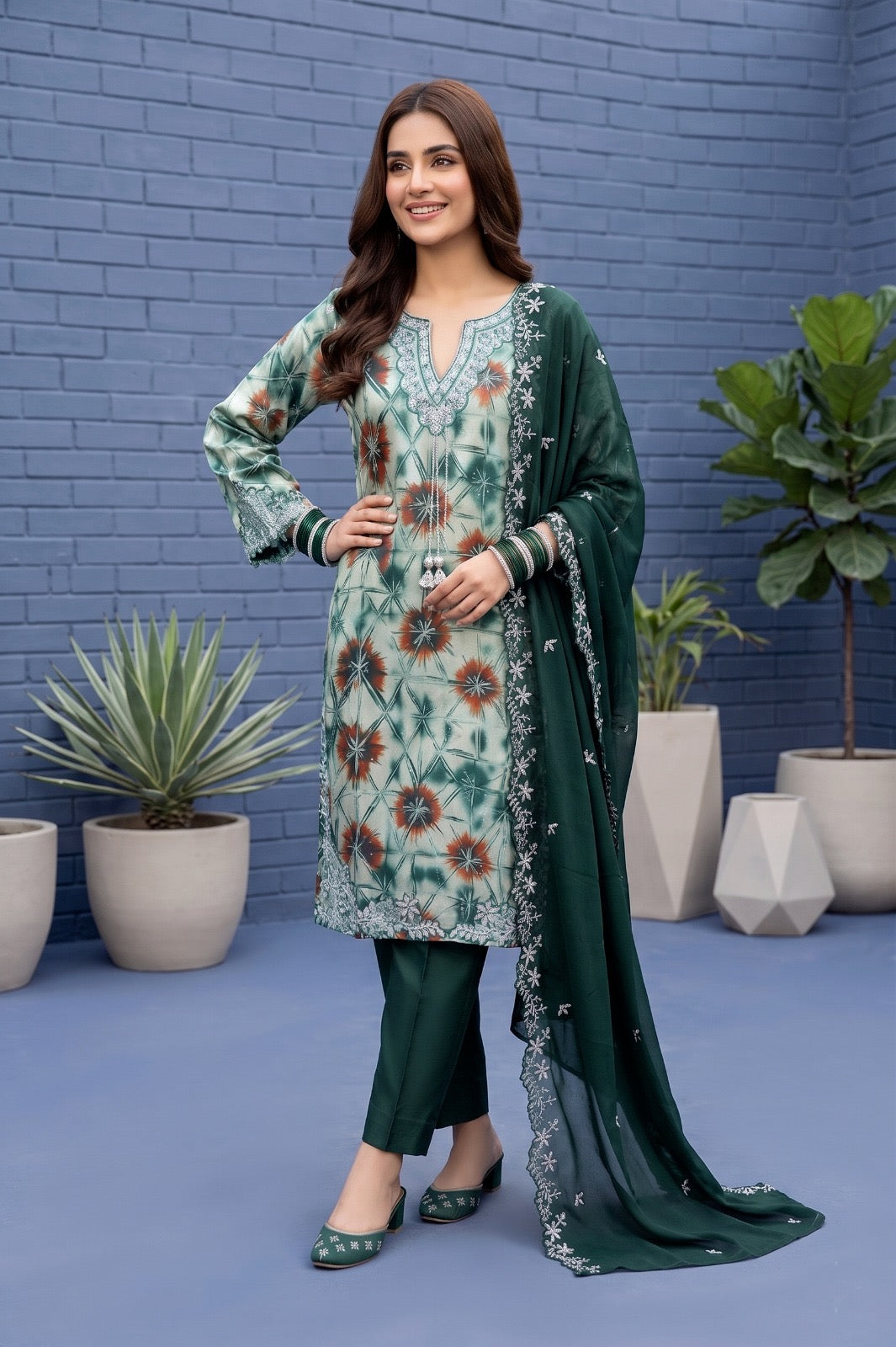 Fancy stitched Printed Shesha Silk with chiffon embroidered dupatta