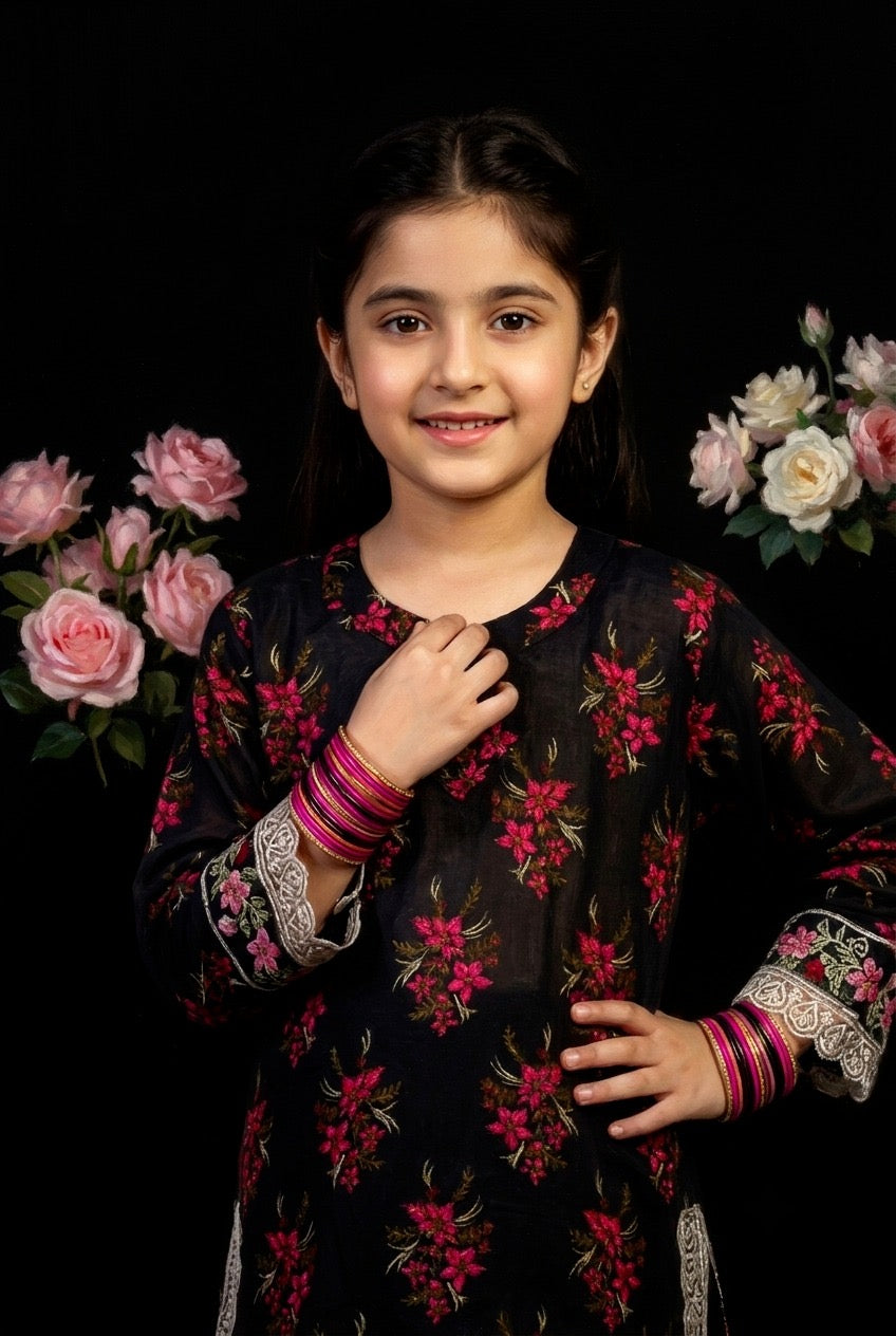 Girls print embroidered 2-pcs