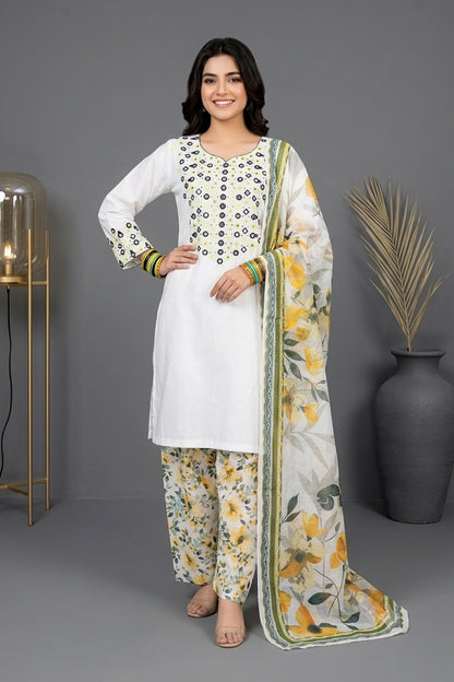 Elegant White Cotton 3-Piece Mirror Embroidered Suit – Premium Stitched Dress for Women
