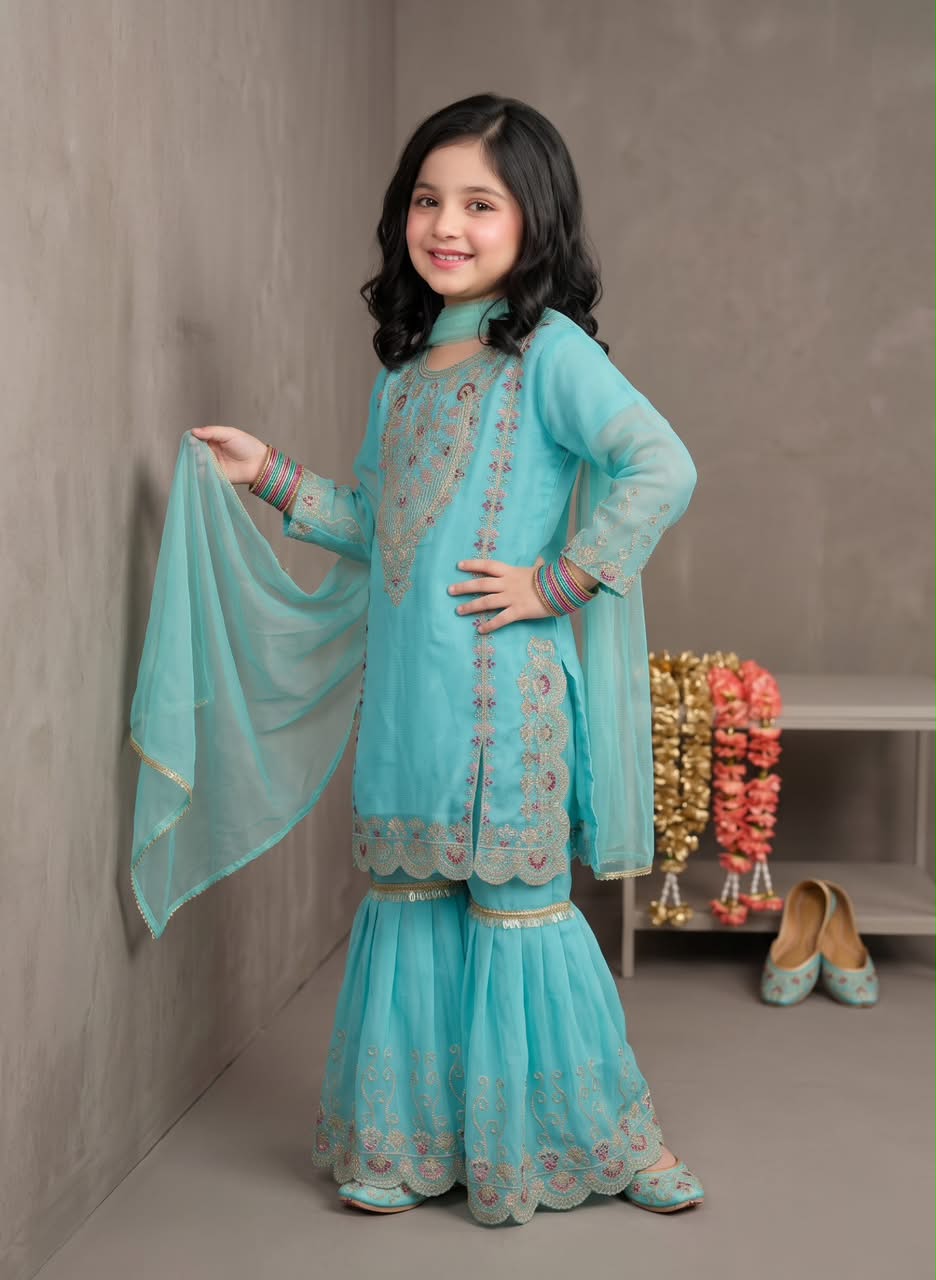 Girl’s Multi-Embroidered chiffon Sharara 3-Pcs Suit