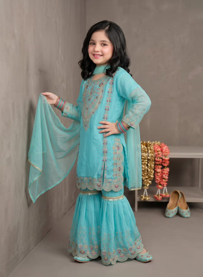 Girl’s Multi-Embroidered chiffon Sharara 3-Pcs Suit