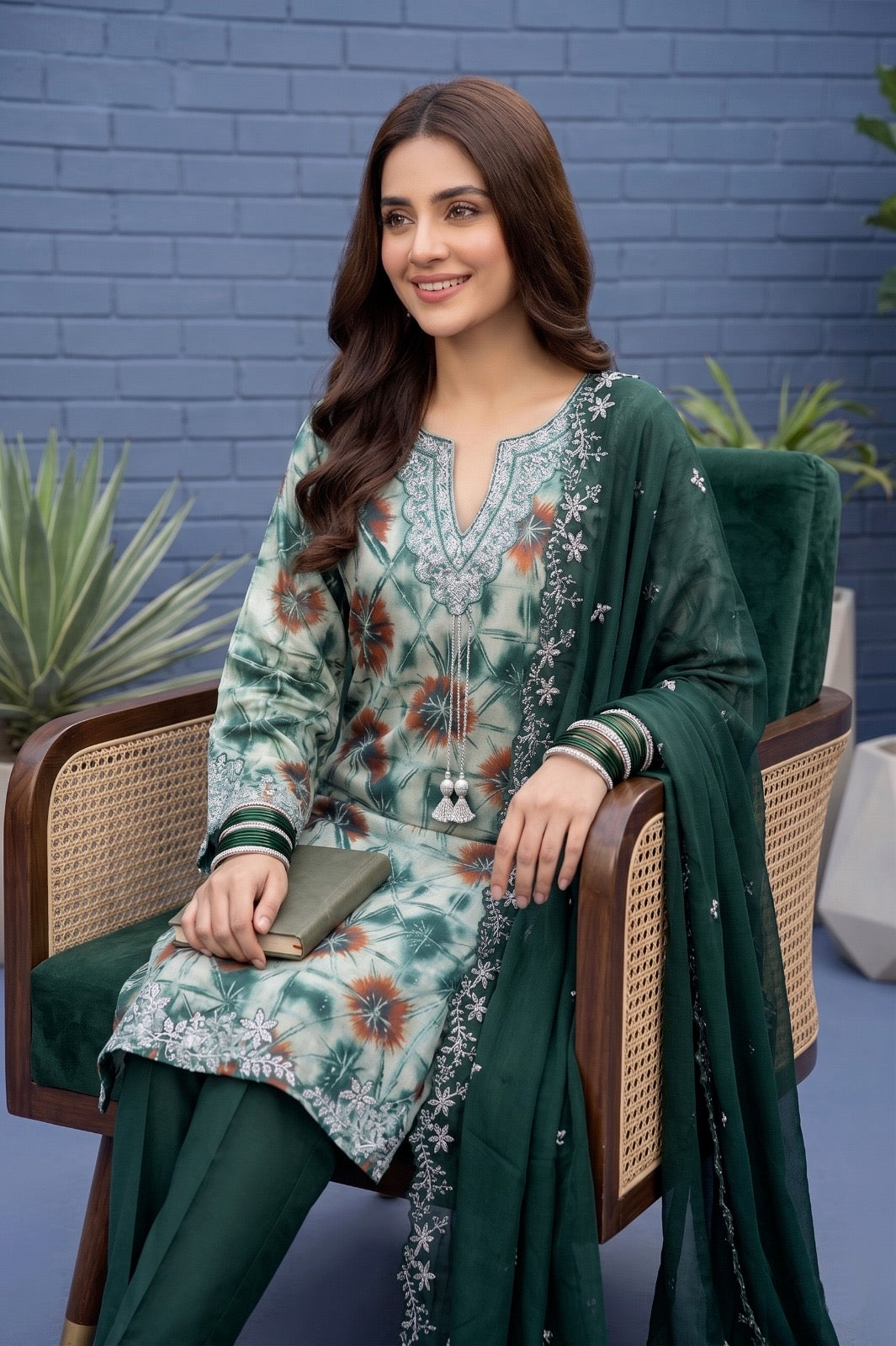Fancy stitched Printed Shesha Silk with chiffon embroidered dupatta