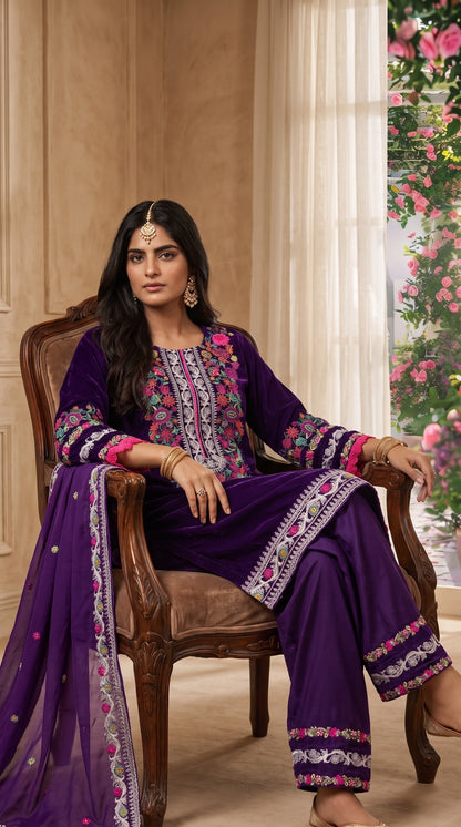 Royal Purple Embroidered Velvet 3-Piece Stitched Suit🔥