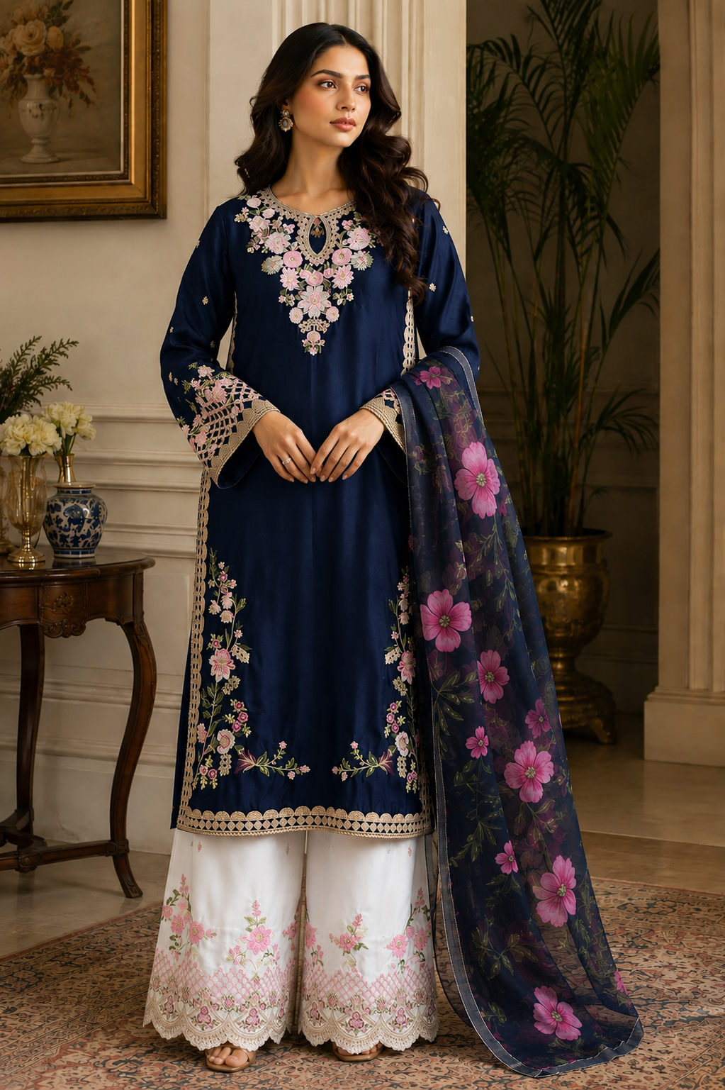 Women’s Silk Embroidered 3-Piece Suit | Floral Embroidery with White Plazzo & Dupatta