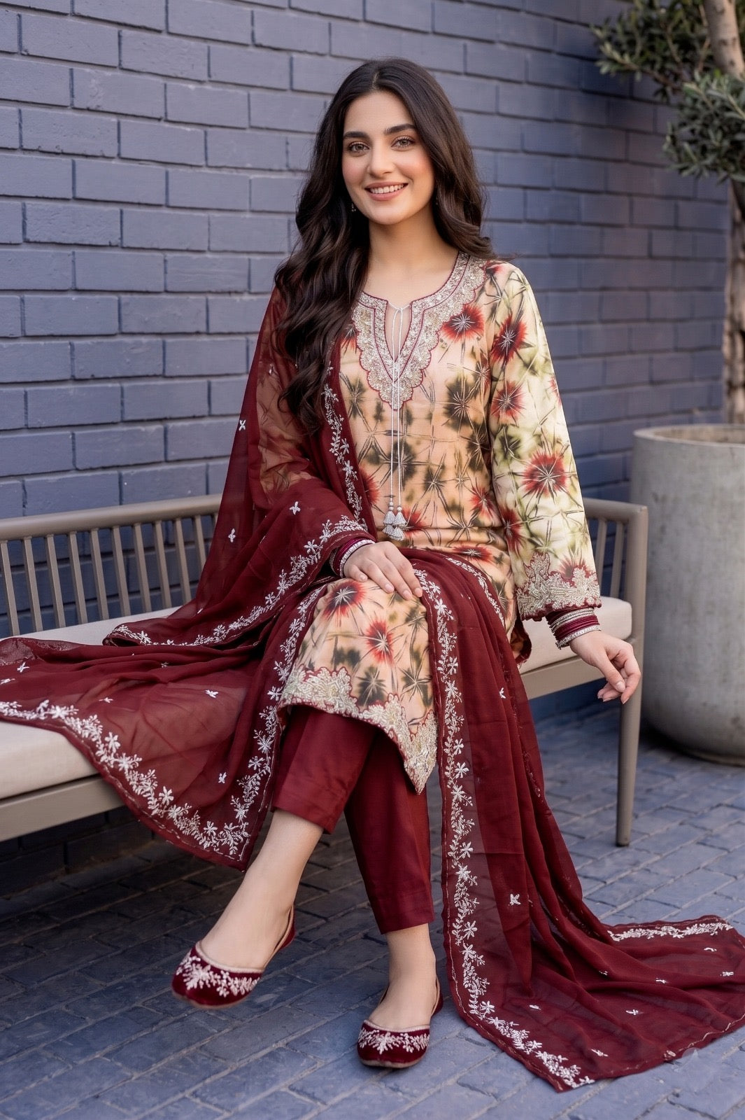 Fancy stitched Printed Shesha Silk with chiffon embroidered dupatta