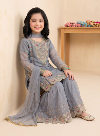 Girl’s Multi-Embroidered chiffon Sharara 3-Pcs Suit