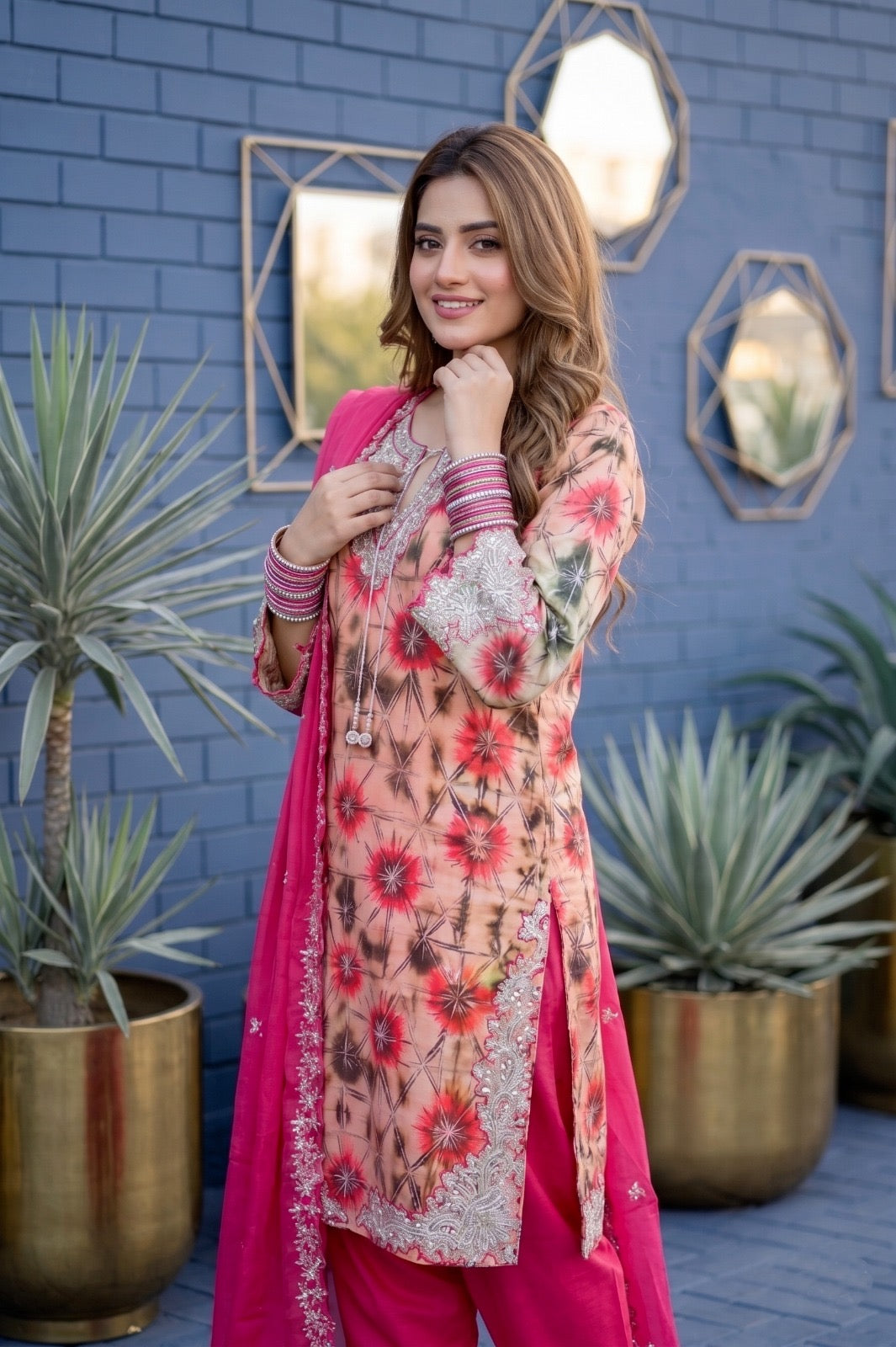 Fancy stitched Printed Shesha Silk with chiffon embroidered dupatta