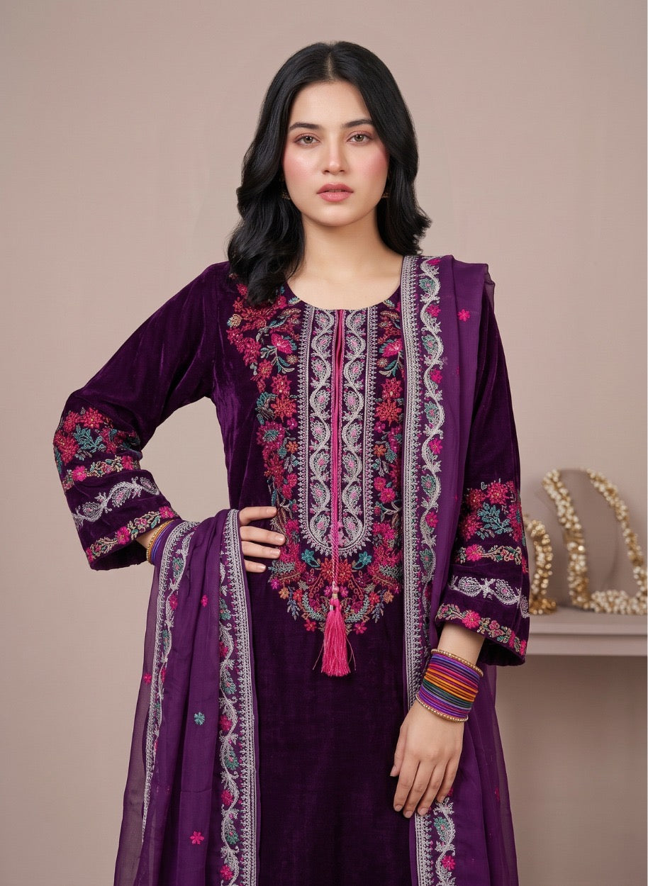 Mahveen Velvet Embroidered 3-Piece