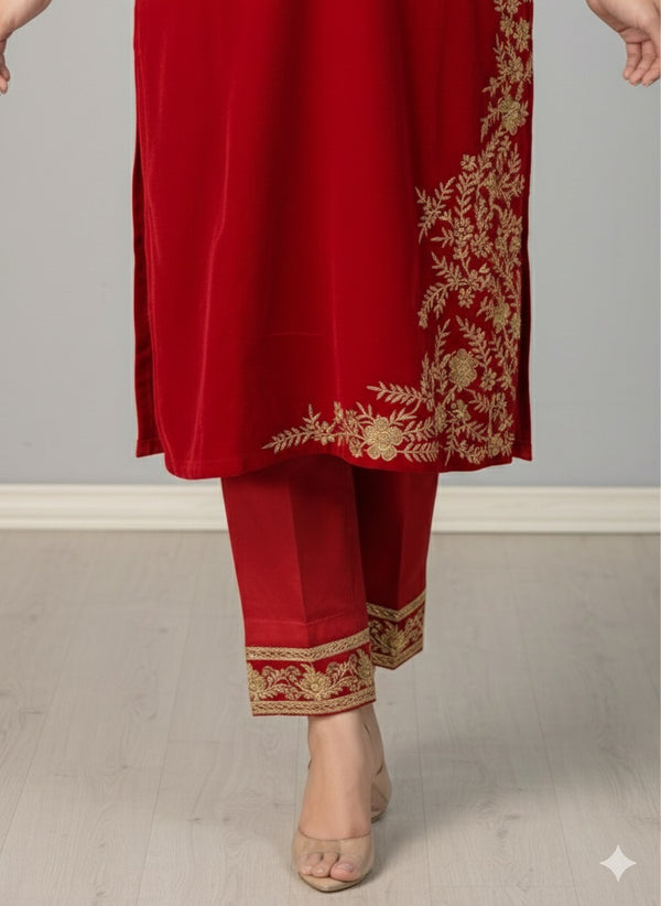 Luxury Red Velvet Embroidered 2-Piece Suit – Elegance Refined for Your Winter Festive Moments