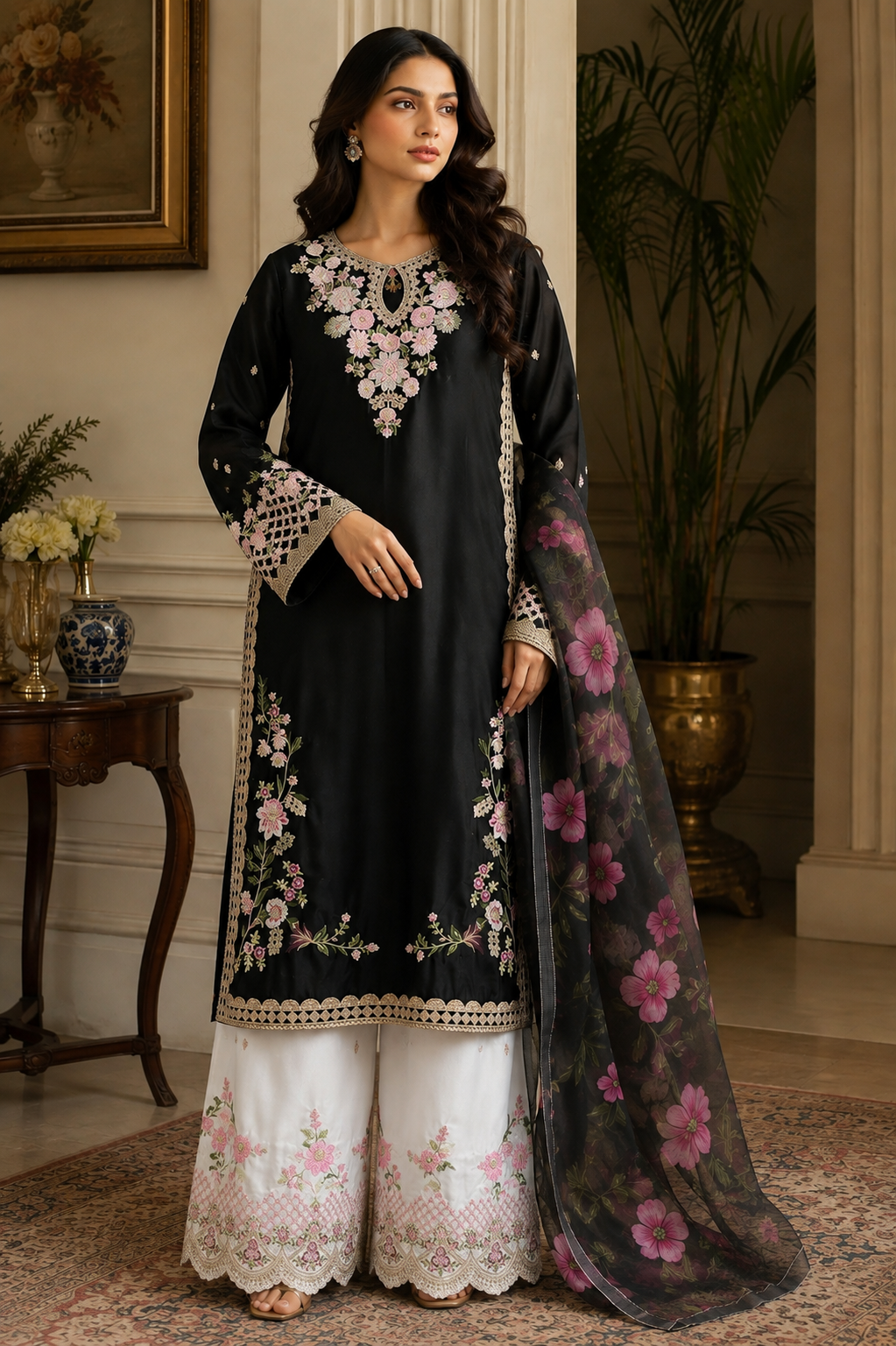 Women’s Silk Embroidered 3-Piece Suit | Floral Embroidery with White Plazzo & Dupatta