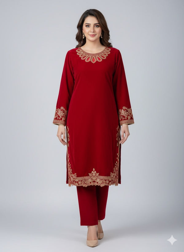 LUXURY MAROON VELVET EMBROIDERED 2-PIECE SUIT – PREMIUM WINTER FESTIVE COLLECTION