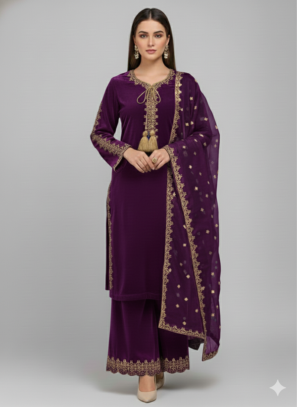 ✨ LUXURY MAROON VELVET EMBROIDERED 3-PIECE SUIT ✨