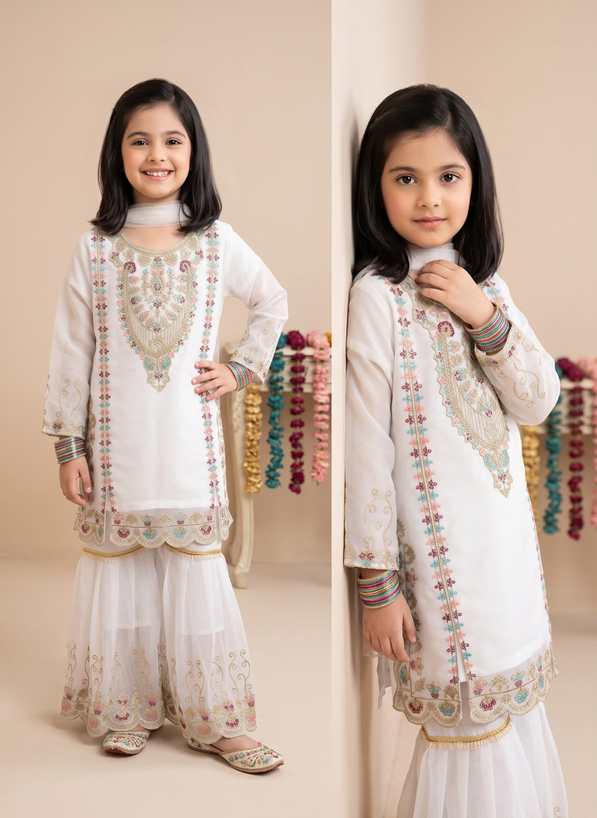 Girl’s Multi-Embroidered chiffon Sharara 3-Pcs Suit