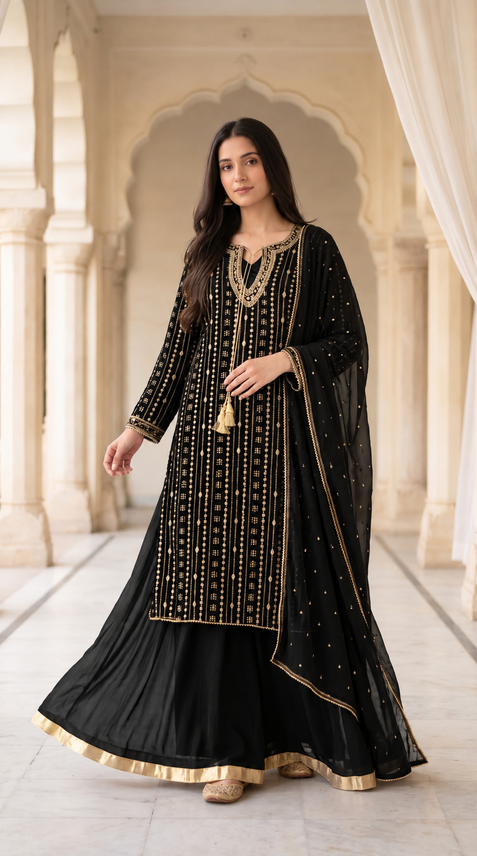 Majestic Gold-Embroidered Chiffon 3-Pcs