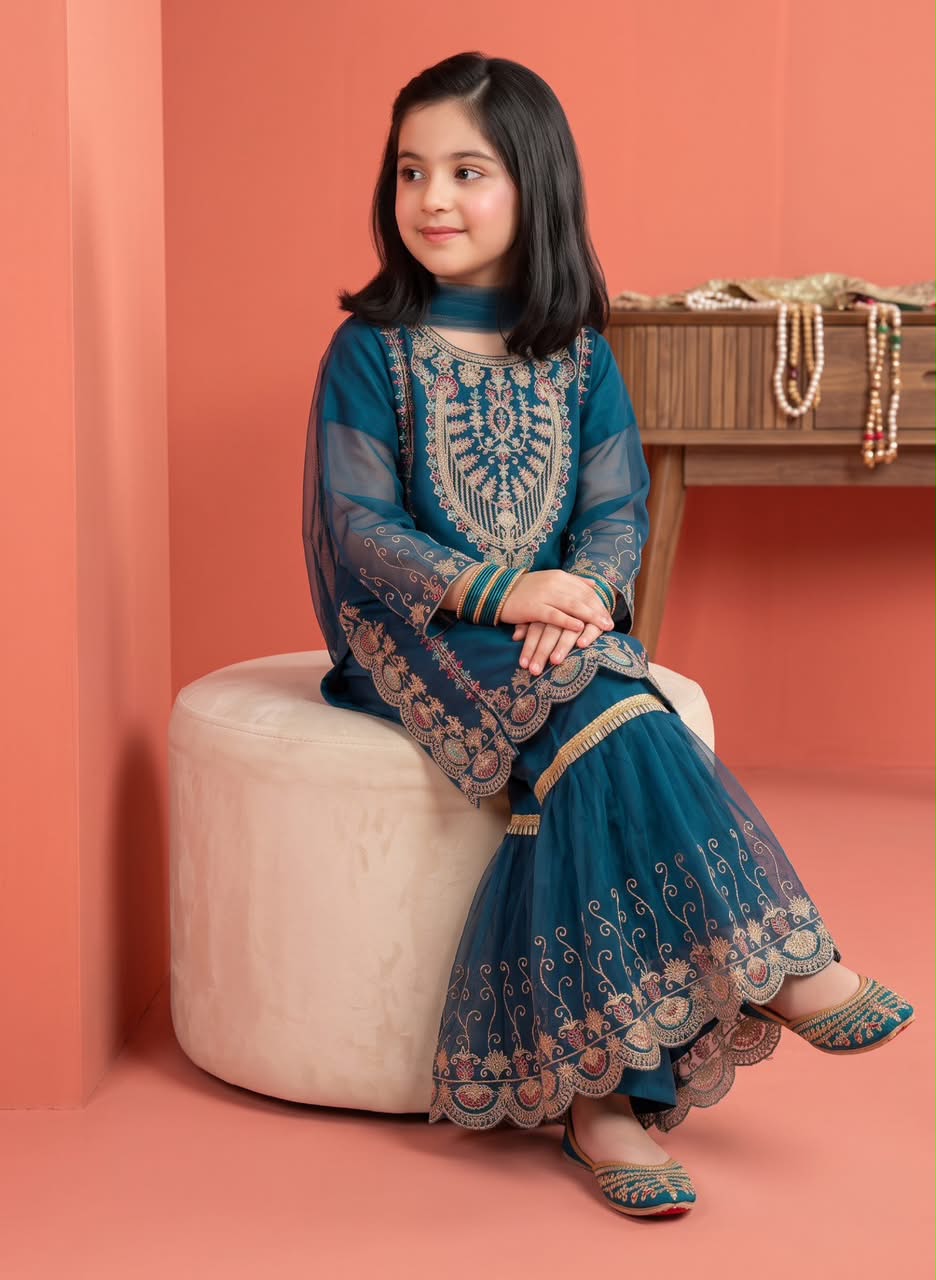 Girl’s Multi-Embroidered chiffon Sharara 3-Pcs Suit