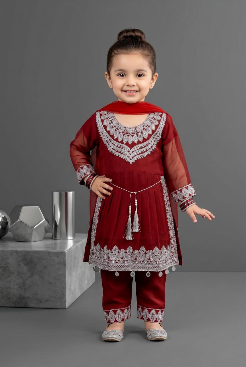 Kids Chiffon silver Embriodery Style Suit