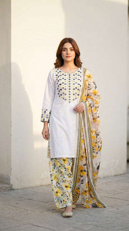 Elegant White Cotton 3-Piece Mirror Embroidered Suit – Premium Stitched Dress for Women