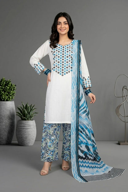 Elegant White Cotton 3-Piece Mirror Embroidered Suit – Premium Stitched Dress for Women