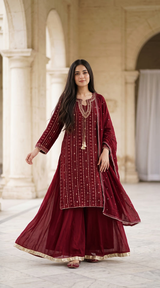Majestic Gold-Embroidered Chiffon 3-Pcs