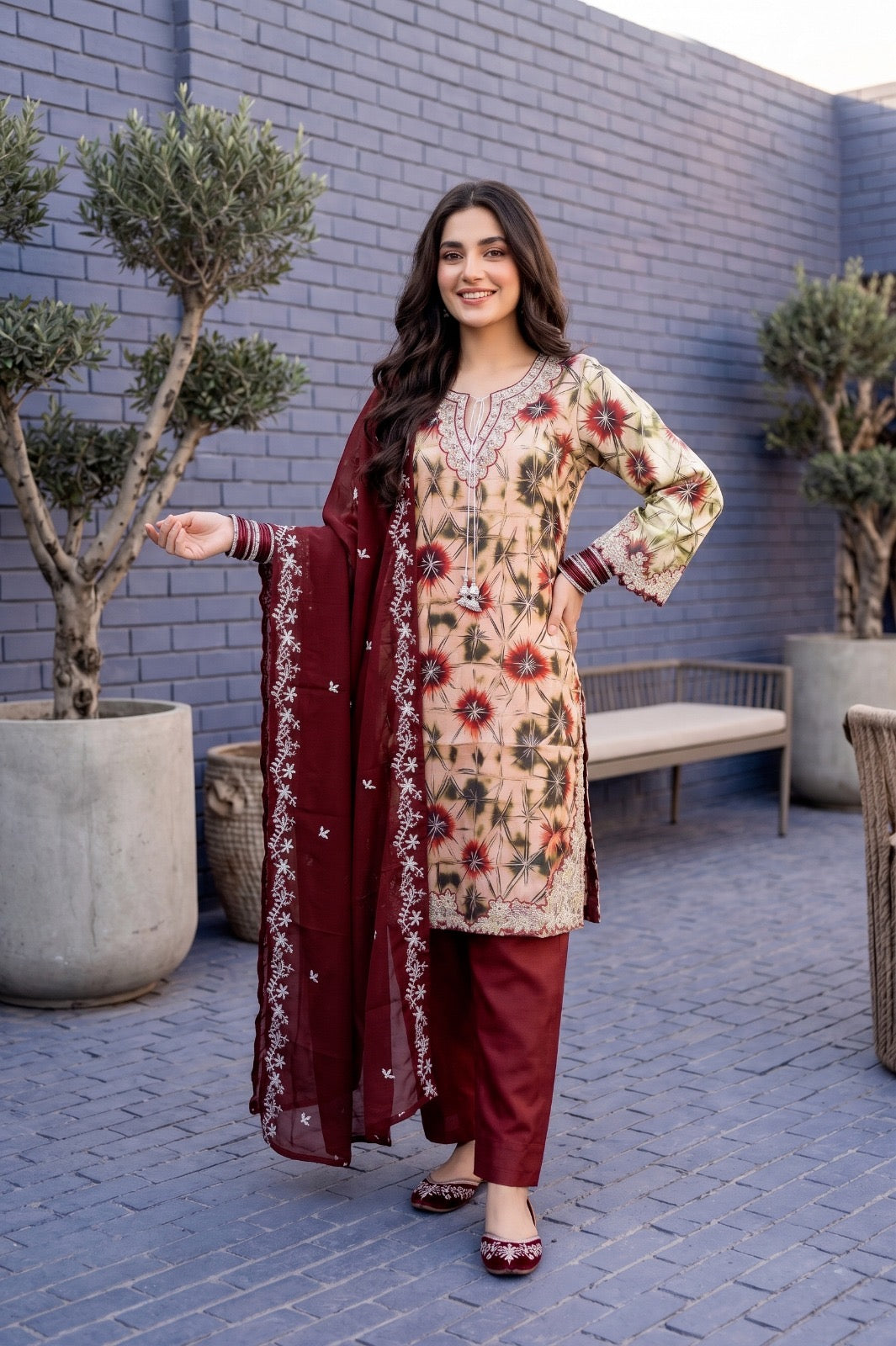 Fancy stitched Printed Shesha Silk with chiffon embroidered dupatta