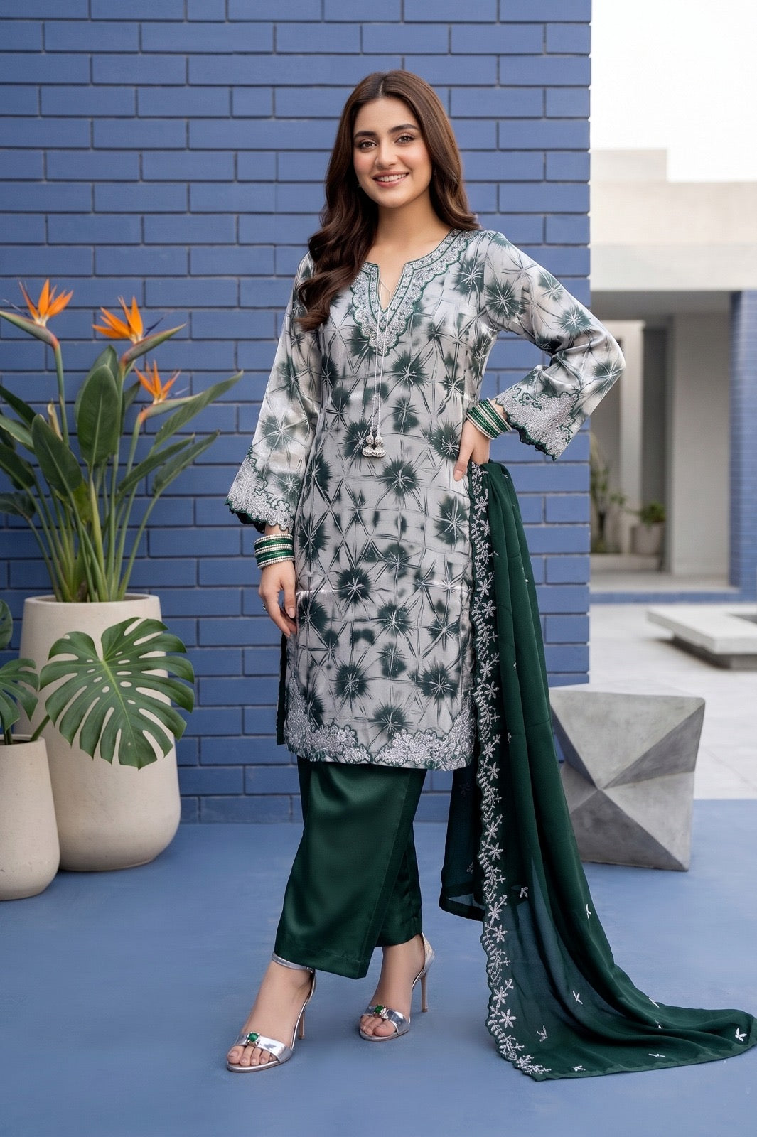 Fancy stitched Printed Shesha Silk with chiffon embroidered dupatta