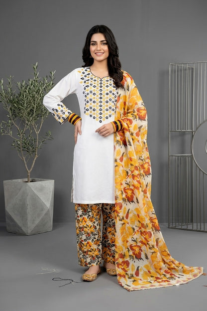 Elegant White Cotton 3-Piece Mirror Embroidered Suit – Premium Stitched Dress for Women