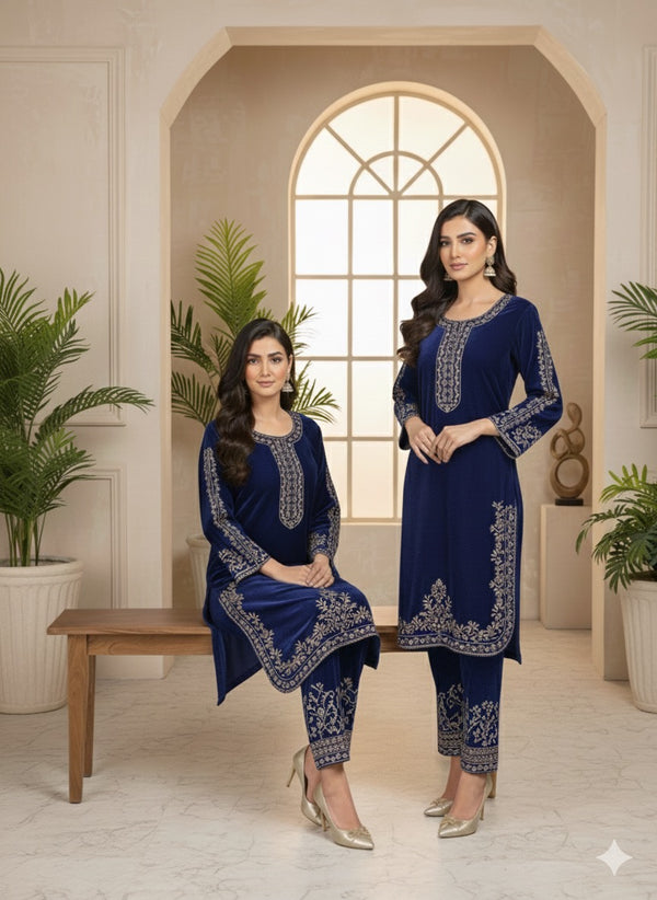 LUXURY ROYAL BLUE VELVET EMBROIDERED 2-PIECE SUIT – WINTER FESTIVE COLLECTION