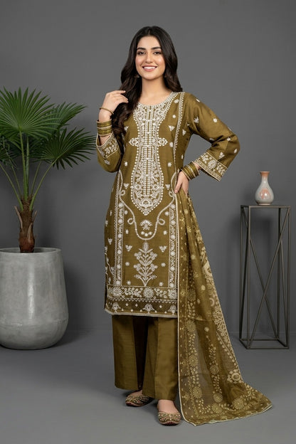 Royal Blue Embroidered Cotton 3-Piece Suit – Premium Stitched Dress with Printed Dupatta