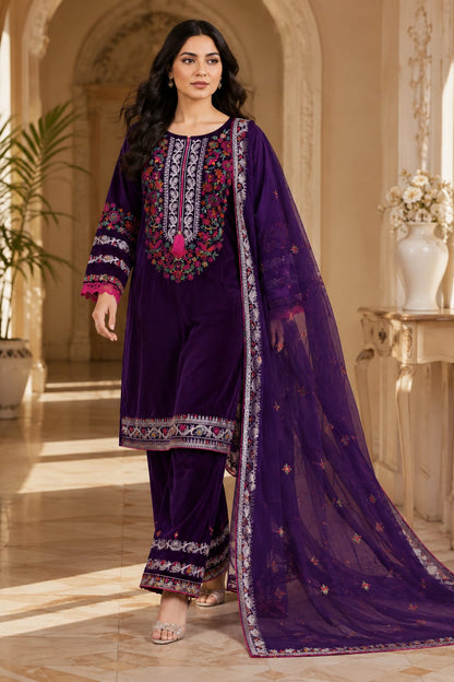Royal Purple Embroidered Velvet 3-Piece Stitched Suit🔥