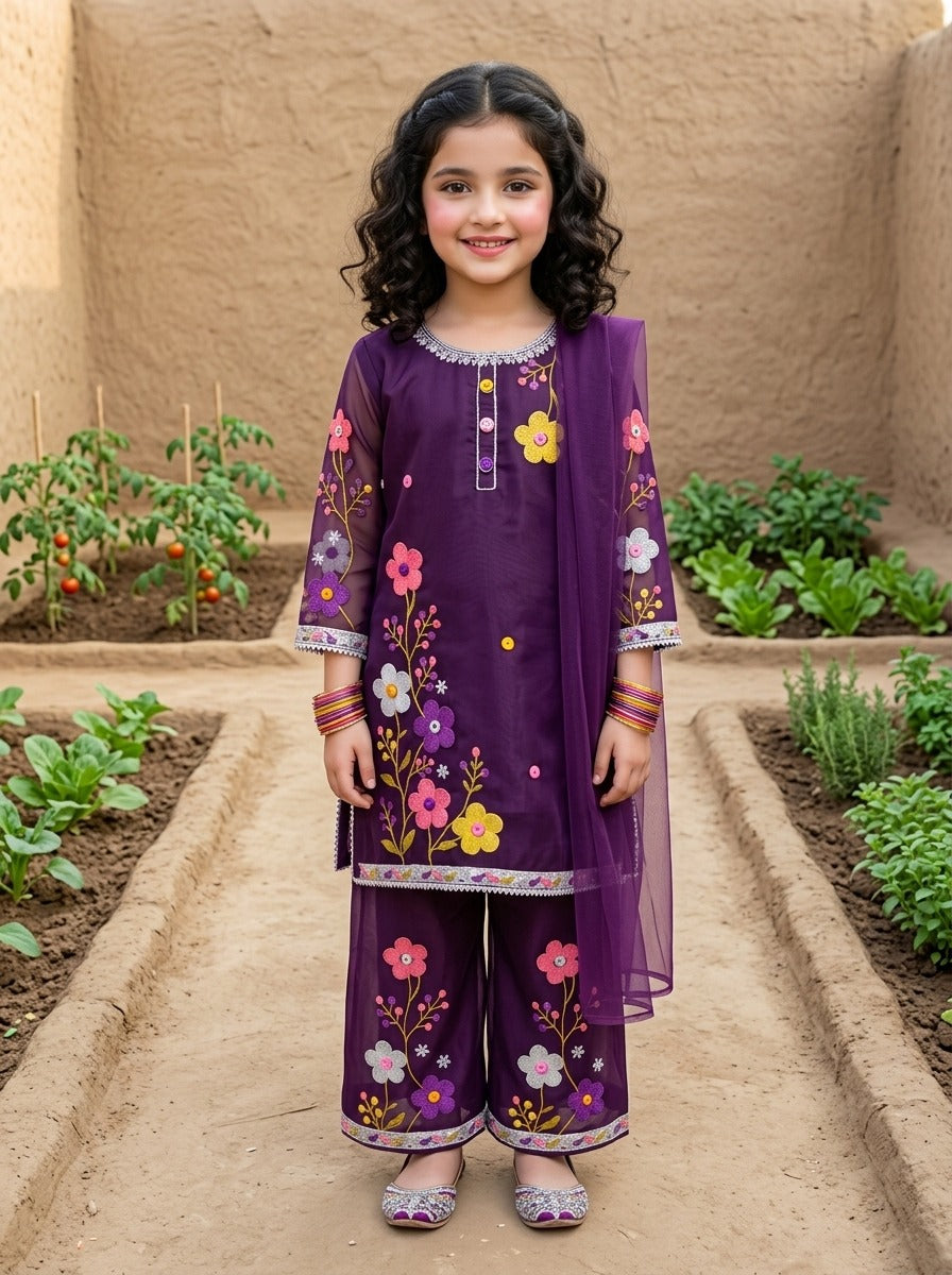 Fancy Chiffon Embroidered girls 3-Pcs  Suit