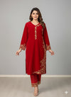 Luxury Red Velvet Embroidered 2-Piece Suit – Elegance Refined for Your Winter Festive Moments