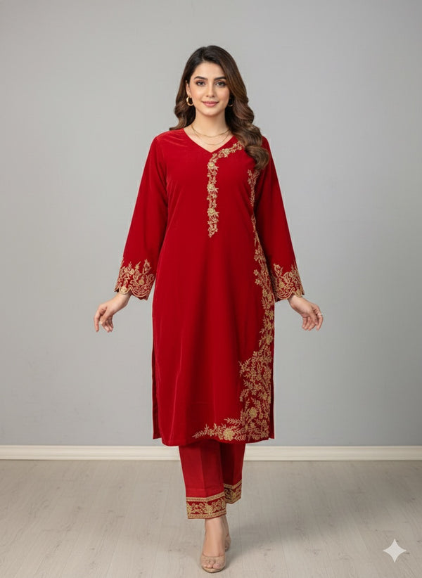 Luxury Red Velvet Embroidered 2-Piece Suit – Elegance Refined for Your Winter Festive Moments