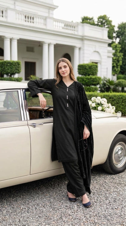 Winter Dhanak suit with Palachi velvet shawl 3-Pcs